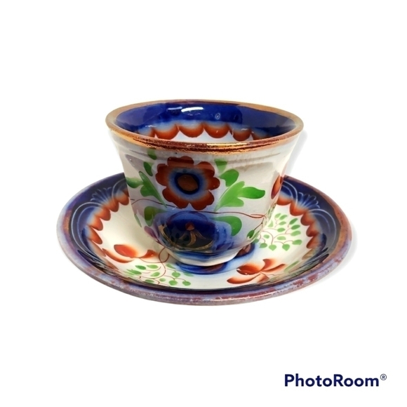 Antique Gaudy Welsh Ironstone Flow Blue Luster Floral Poppy Copper Cup Saucer - Picture 1 of 8